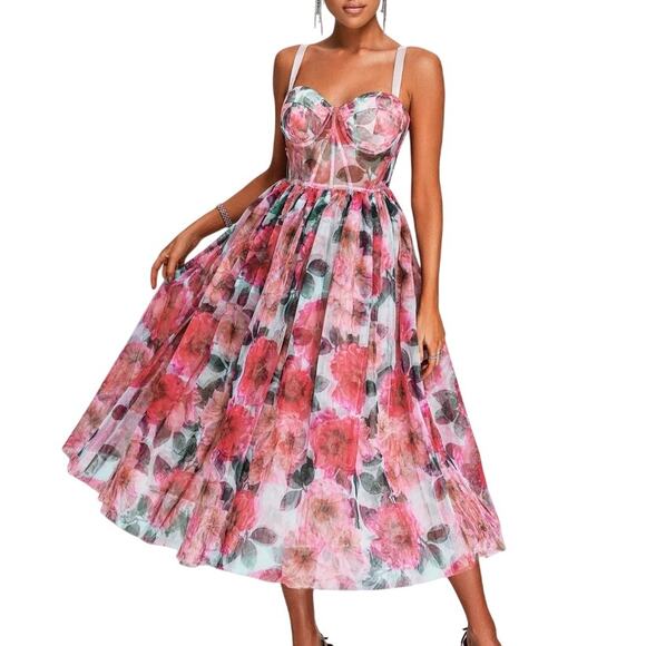 Beulah Corset Floral Mesh Midi Dress Size Large - Picture 8 of 9